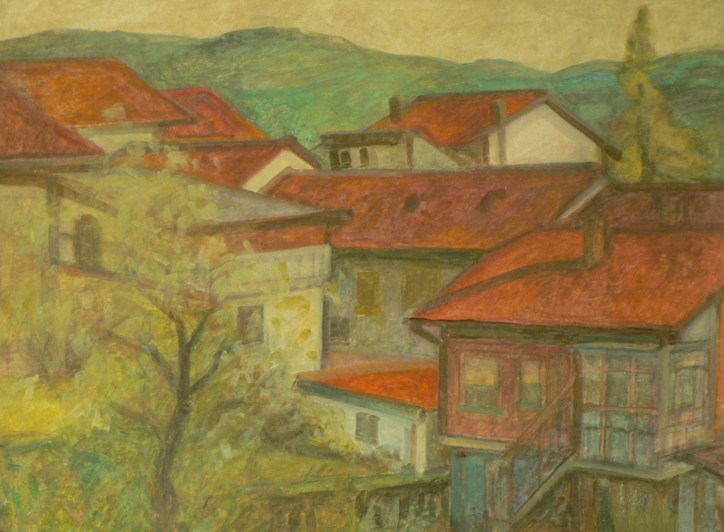 Pejzaż wiejski z Piemontu namalowany gwaszem. Na pierwszym planie niewielkie drzewo przysłania część grupy domów. Za nimi rozciąga się panorama wysokich pagórków. 