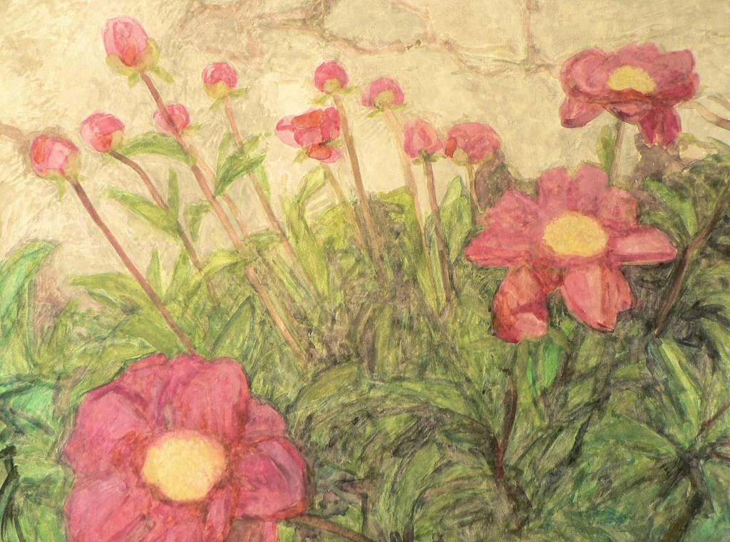 Peonie namalowane gwaszem na jasnym tle.