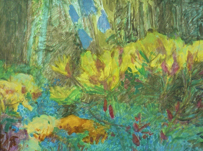 Pejzaż namalowany gwaszem, utrzymany w tonacji zimnej, z ciepłymi akcentami.