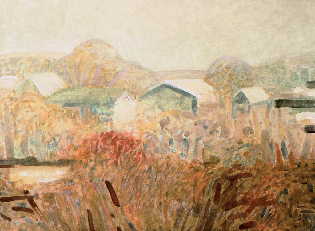 Prosty pejzaż zimowy namalowany gwaszem. Przedstawia: w słoneczny dzień ośnieżone dachy domów ukryte za wysokimi trawami w ciepłych barwach jesieni.