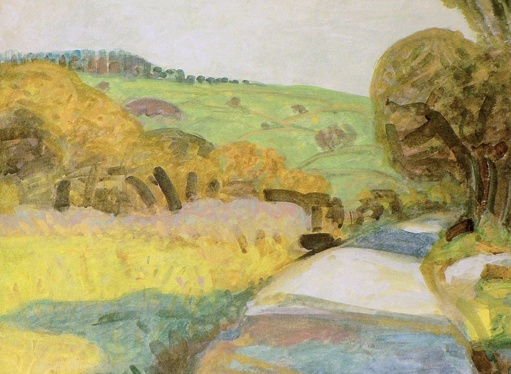 Droga w góry, ale jeszcze niedaleko zabudowań, zapowiada cięższą wędrówkę. Pejzaż namalowany gwaszem w jasny, słoneczny, letni dzień w Polsce.