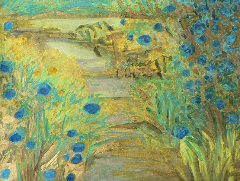 Malownicza cykoria podróżnik posłużyła za temat na obraz namalowany gwaszem tylko dlatego, że zarosła porzucone płyty chodnikowe tworząc dekoracyjną ścieżkę.