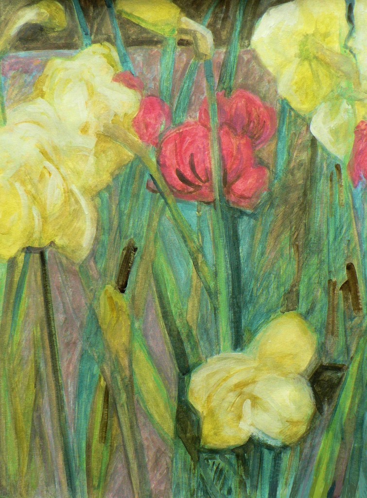 Gwasz przedstawiający narcyzy i tulipany w ogrodzie.