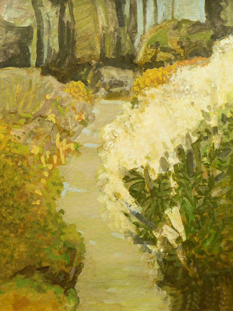 Gwasz przedstawiający alejkę w ogrodzie, z kwiatami białymi i żółtymi o obu jej stronach.