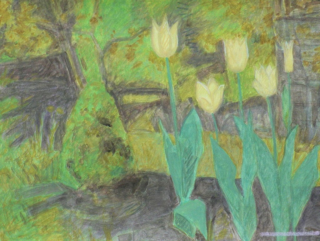 Tulipany w ogrodzie namalowane gwaszem.