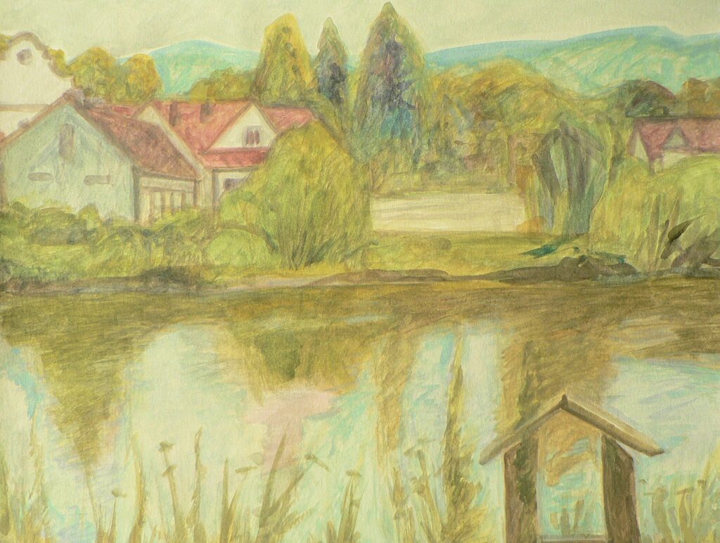 A landscape with water in the colors of late spring, with buildings set against low mountains.”