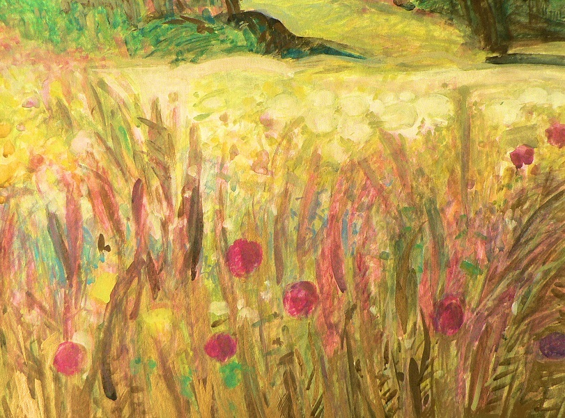A gouache landscape of pink wildflowers among tall grasses before a pale meadow.