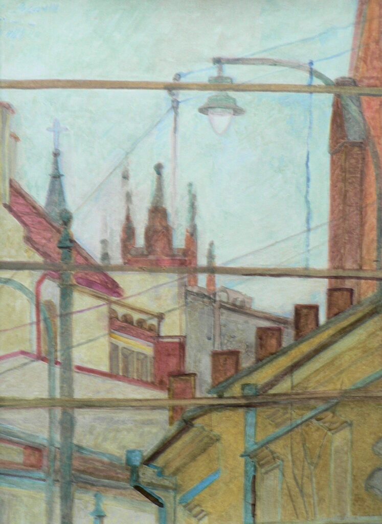 A gouache painting of the rooftops of historic townhouses in Kraków.