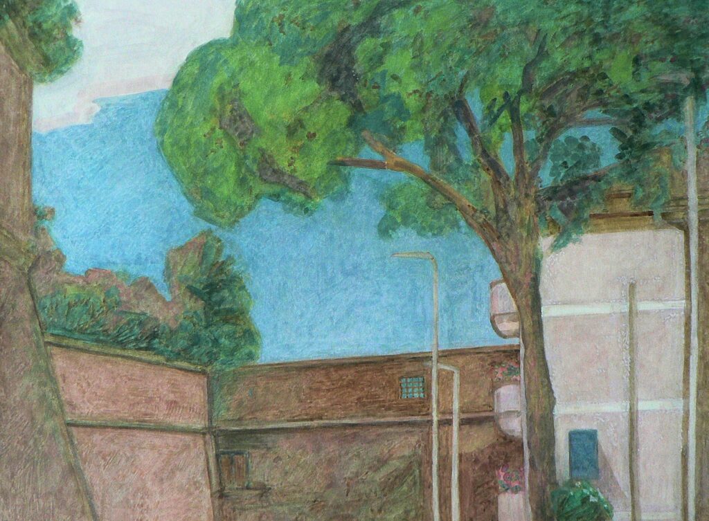 A gouache painting of the Vatican walls on a sunny day.