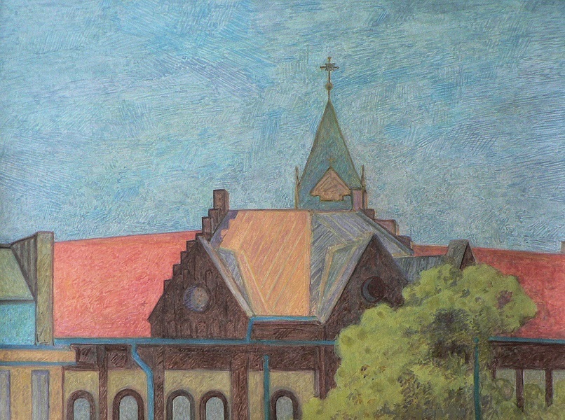 A gouache painting of the tower of one of Kraków’s churches.