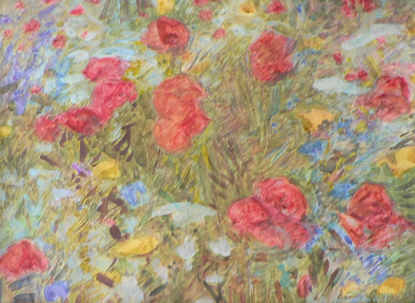A gouache color composition of meadow flowers on Bernardyńska Street in Kraków, grown from seeds blessed by Pope Francis during World Youth Day 2016.