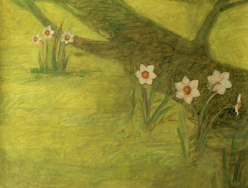 A gouache painting of the Planty Park in Kraków in early spring.