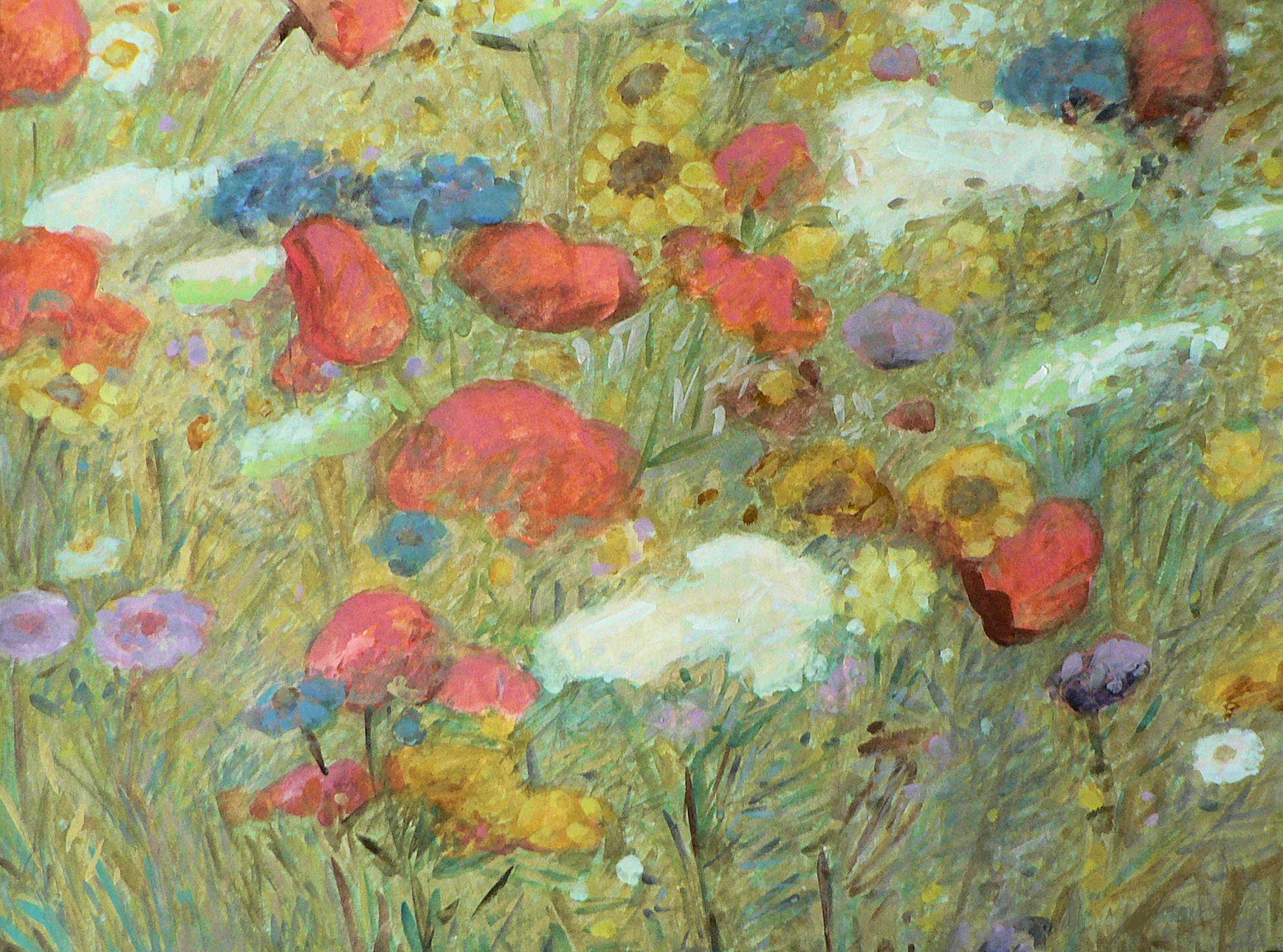 A profusion of flowers painted in gouache, growing on Bernardyńska Street in Kraków from seeds blessed by Pope Francis during World Youth Day 2016.