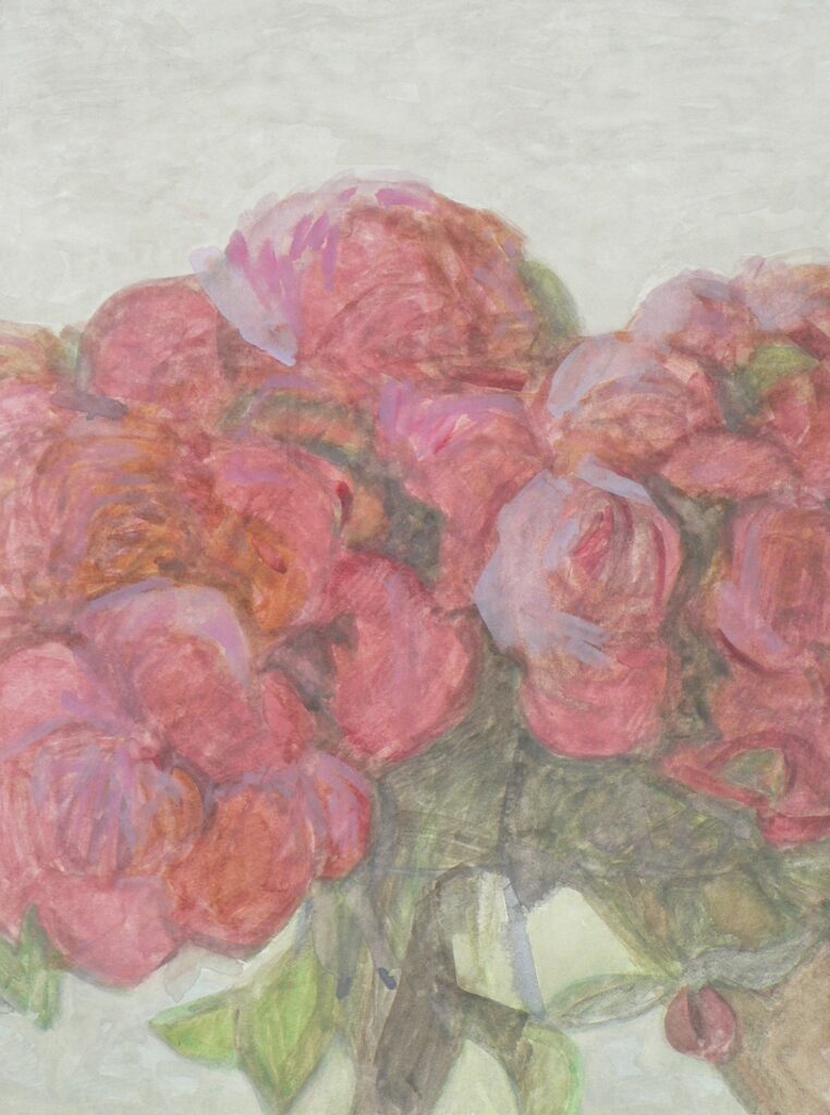 A gouache painting depicting an abundance of blooming peonies in a barely visible vase against a light background.