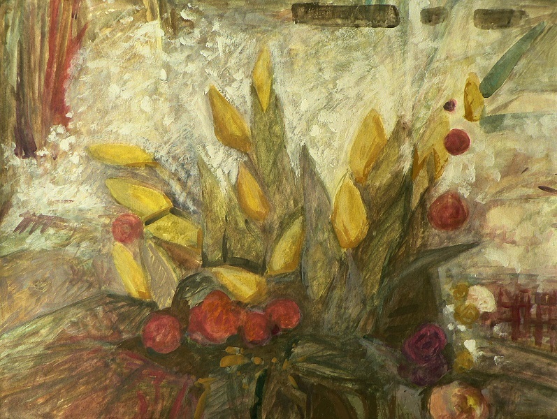 A floral bouquet of tulips and peony buds in a dim interior brightened by baby’s breath.