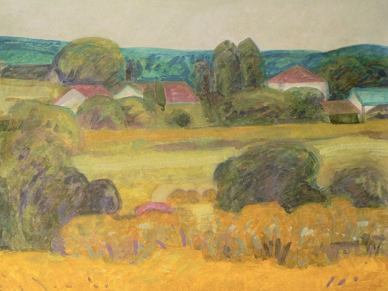 A gouache view of the countryside, with grasses and grain accented by cornflowers in the foreground, built using atmospheric color perspective.