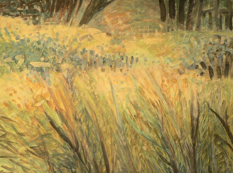 A gouache landscape featuring what may be chicory, though it is too distant to be certain.