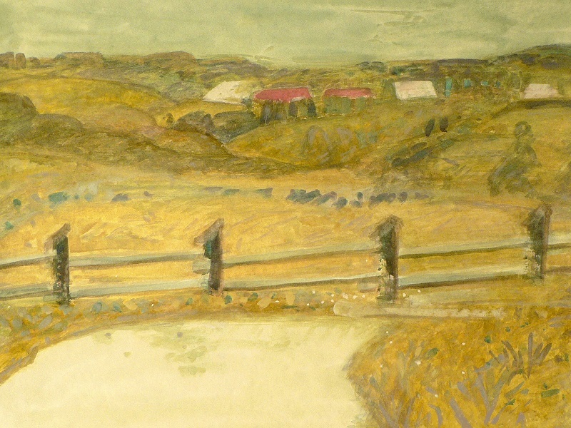 A gouache painting of a village road with a low fence, distant rooftops, and gentle hills dotted with shrubs.
