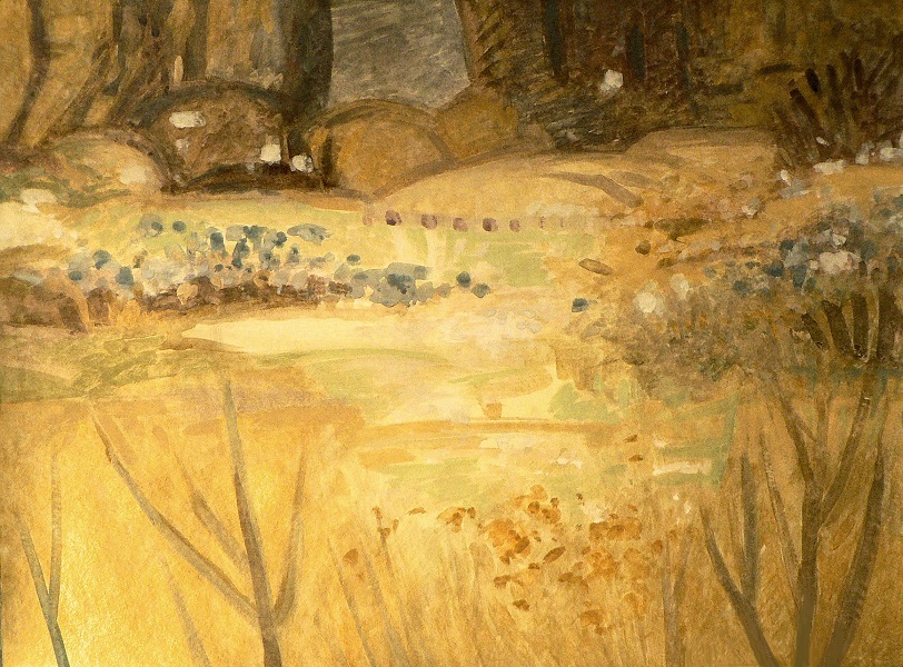 A gouache landscape painted in summer yet already in autumnal tones, with fewer chicory flowers.
