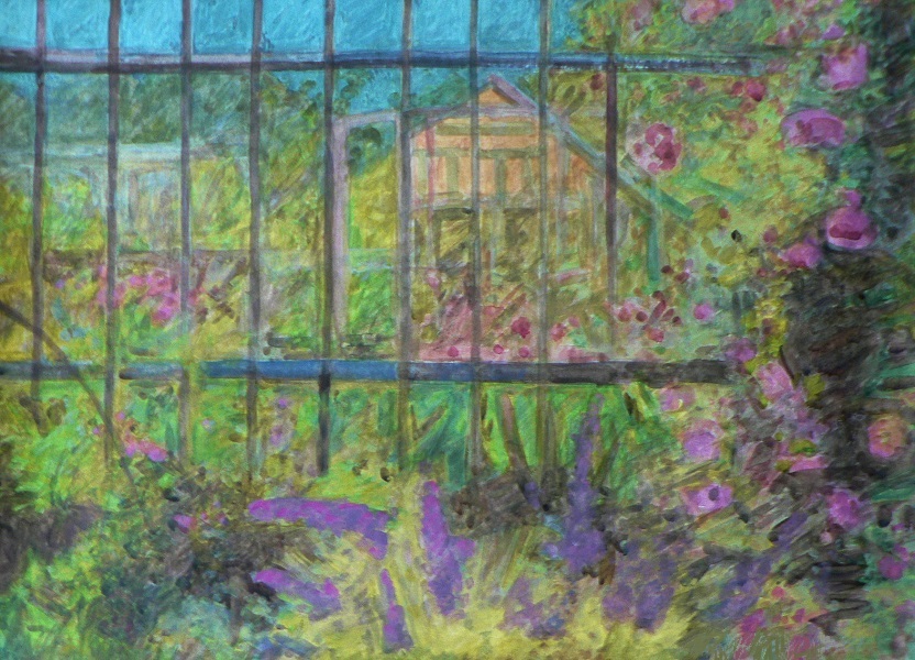 A gouache painting of the Gothenburg Botanical Garden, with abundant flowers, an openwork fence, and a house in the background.