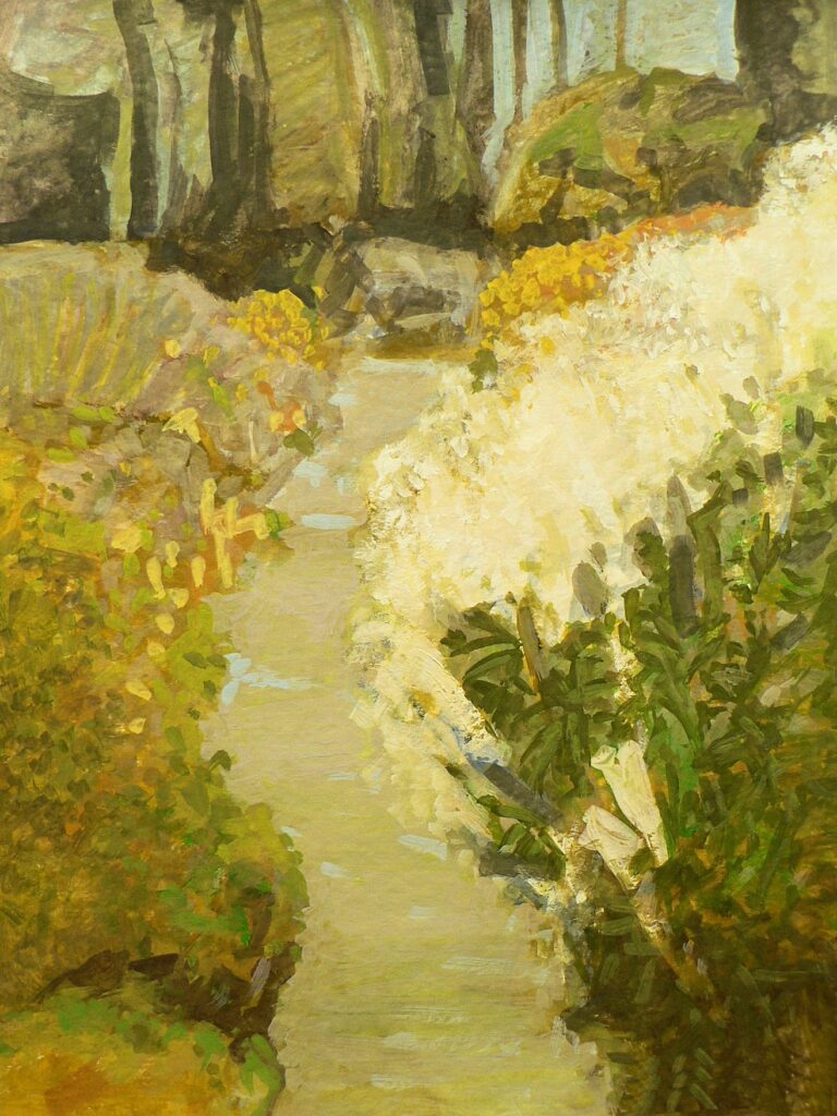 A gouache landscape depicting a walking path surrounded by lush white and yellow flowers. Beyond the tall trees on the horizon, a soft, misty blue sky comes into view.