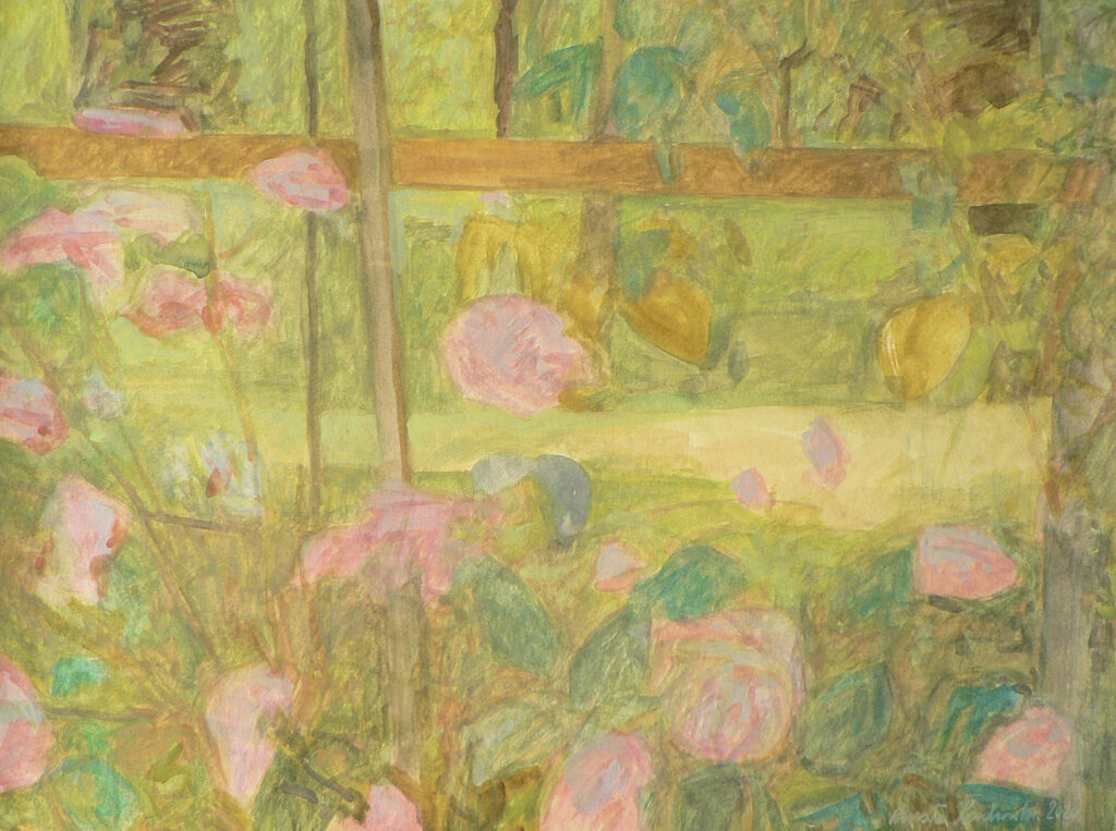 A gouache painting capturing pale pink park roses beside a fragile fence.