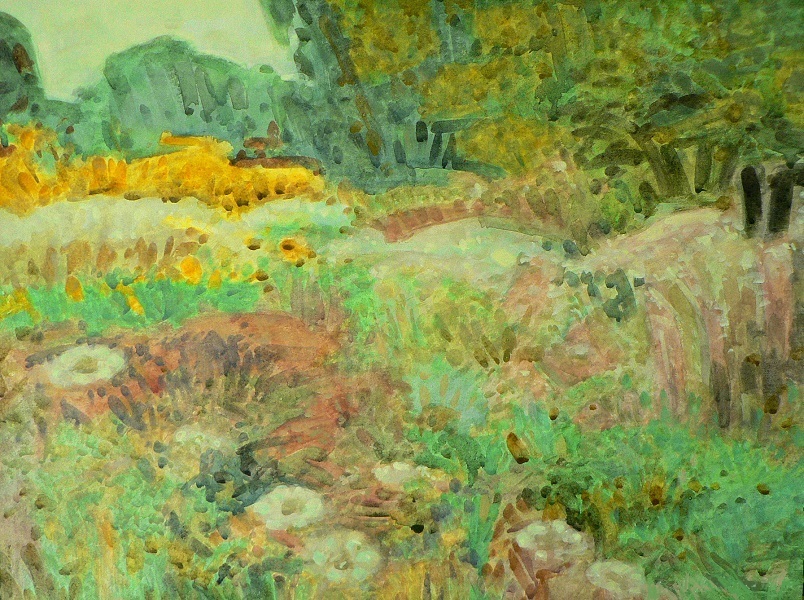 An incidental view of a wild meadow and shrubs. In the foreground, white and yellow flowers painted in gouache.