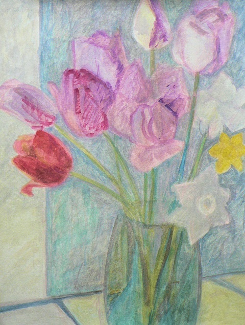 A bouquet of spring flowers in a simple glass vase, drawing attention with its pink palette against a blue background. Painted in gouache.