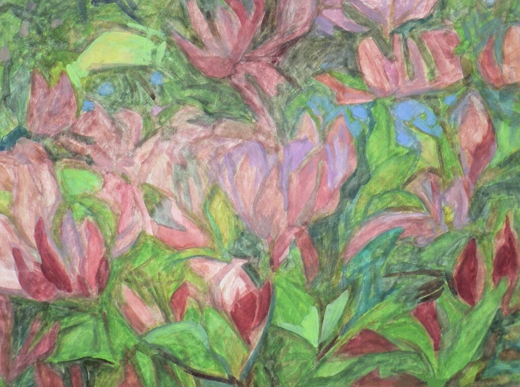 Gouache composition guided by the form of a blooming azalea in a home garden.
