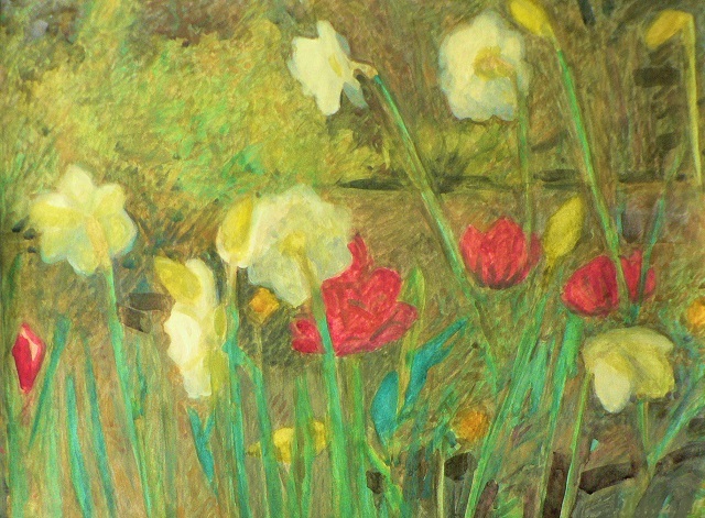 Dark pink tulips and nearly white double daffodils in a garden, painted in gouache.
