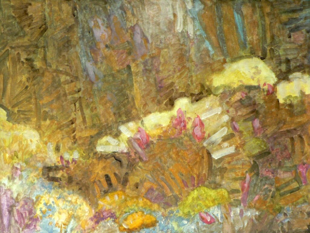 A variety of garden flowers, mostly spring blooms yet in summer tones, painted in gouache.

