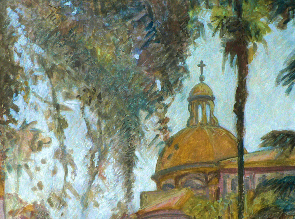 View of one of the churches in Rome, on a sunny day, painted in gouache...
