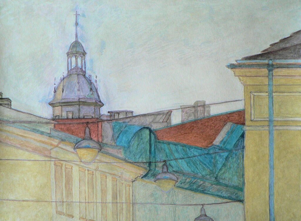 A gouache painting of the view from Stradom in Kraków toward the tower of the Corpus Christi Church.