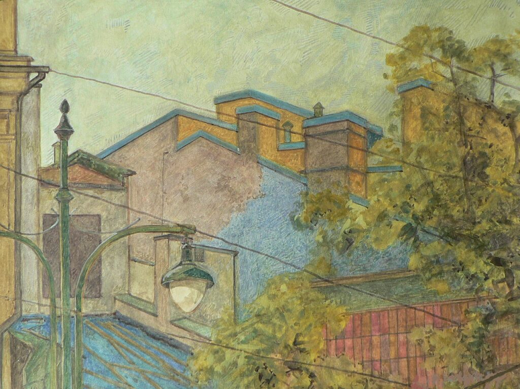 Another gouache view of the rooftops and façades of historic townhouses in Kraków.