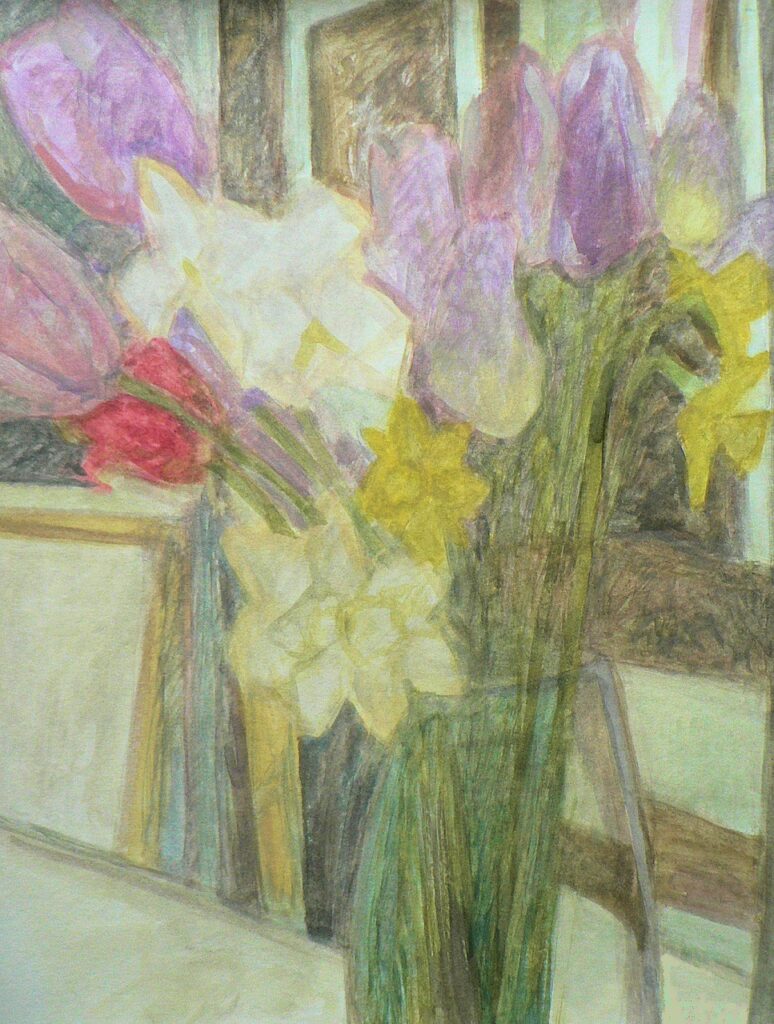 A bouquet of tulips and daffodils in a glass vase, set against a complex white‑and‑brown background, painted in gouache.