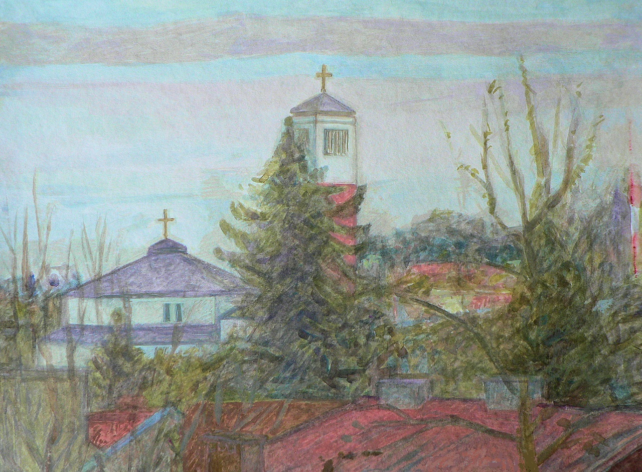 A gouache painting of the view from a window toward the Sanctuary of St. John Paul II in Kraków.